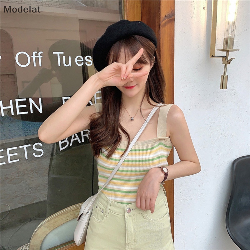 Áo Dệt Kim Hai Dây Dáng Ôm In Họa Tiết Kẻ Sọc Phong Cách Vintage Thời Trang Mùa Hè Dành Cho Nữ