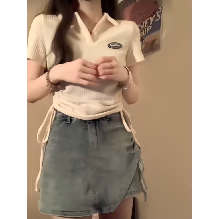 Áo Thun baby tee croptop nữ Ngắn Tay Cổ Chữ v Phối Dây Rút Phong Cách Mỹ Thời Trang Mùa Hè Mới 2023 Cho Nữ