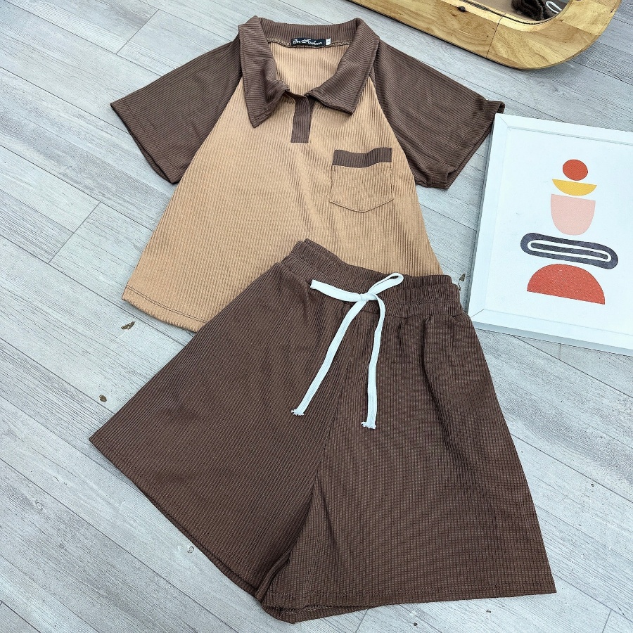 Đồ bộ bigsize nữ gồm áo thun cổ trụ và quần đùi thun chất gân tăm co giãn BIGSIZE CÔ NHỎ- SET29