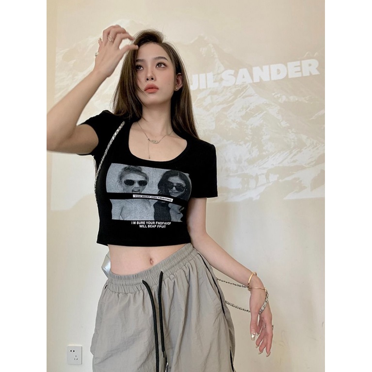 Áo baby tee Thun croptop Cotton Ngắn Tay Cổ Chữ u Màu Đen Phong Cách Retro Mỹ Thời Trang Mùa Hè 2023 Dành Cho Nữ