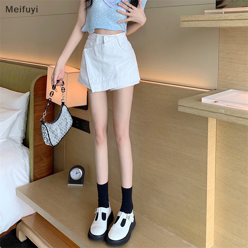[Meifuyi] Quần Short Denim Lưng Cao Dáng Ôm Màu Trơn Phong Cách Hàn Quốc Thời Trang Mùa Hè Đường Phố Đơn Giản Dành Cho Nữ
