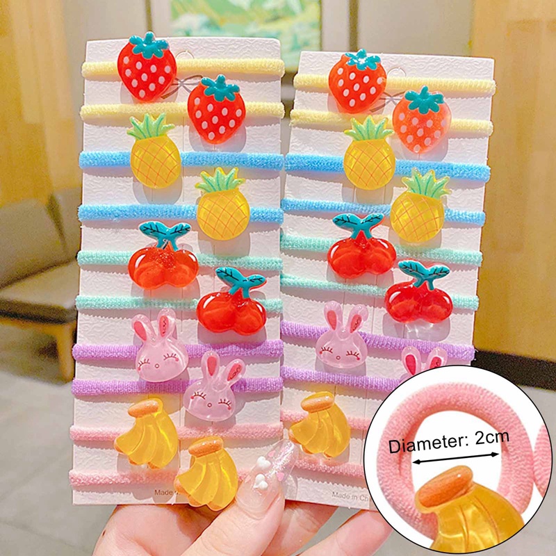 Set 10 Dây Cột Tóc Co Giãn Đính Hoa / Trái Cây Hoạt Hình Dễ Thương Cho Bé Gái