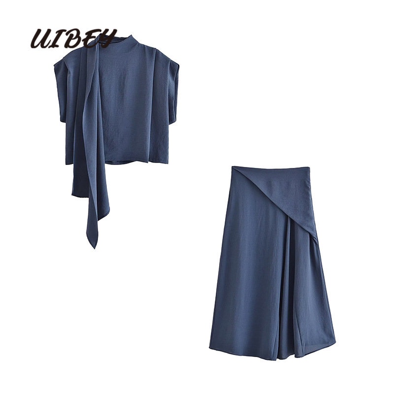 Uibey Bộ Áo Quấn Cổ Lệch Tà + Chân Váy Rộng Nửa Viền Thời Trang 2434