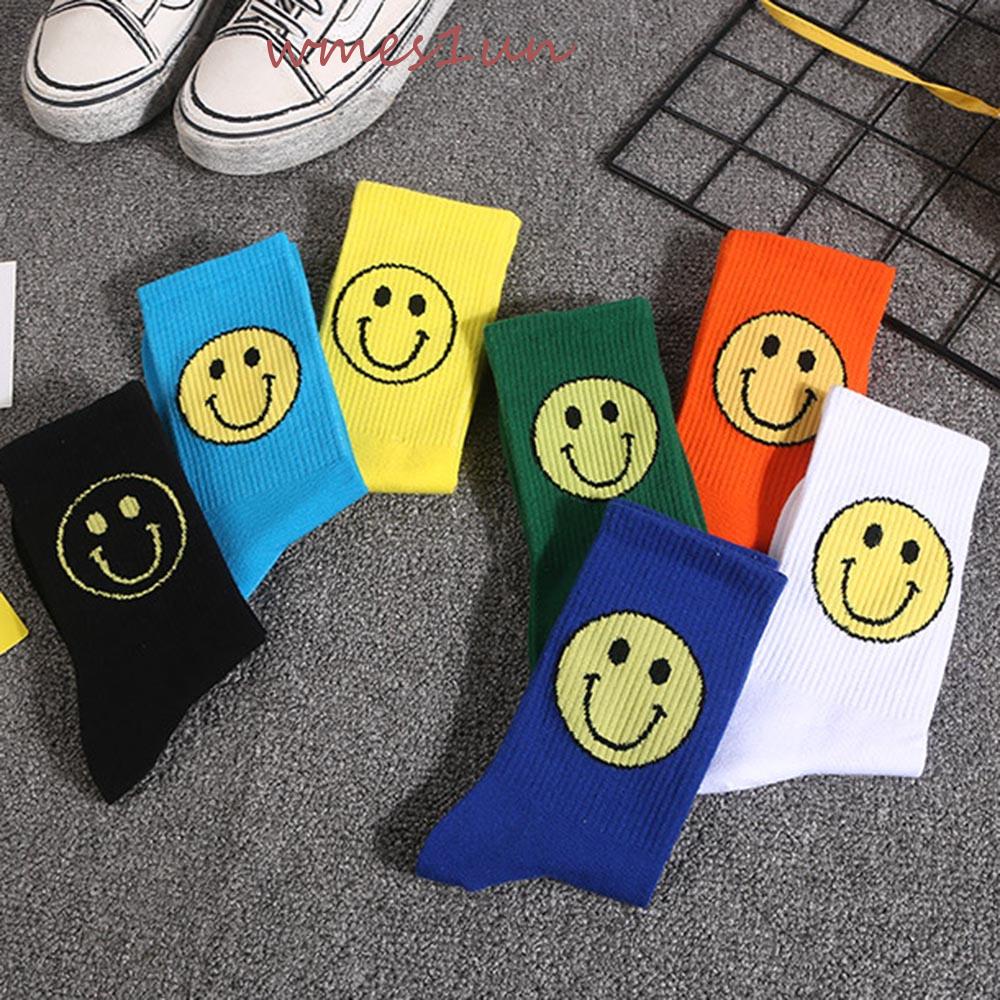 Vớ Cotton Màu Trơn Họa Tiết Mặt Cười Lớn Sáng Tạo Thời Trang WMES15H