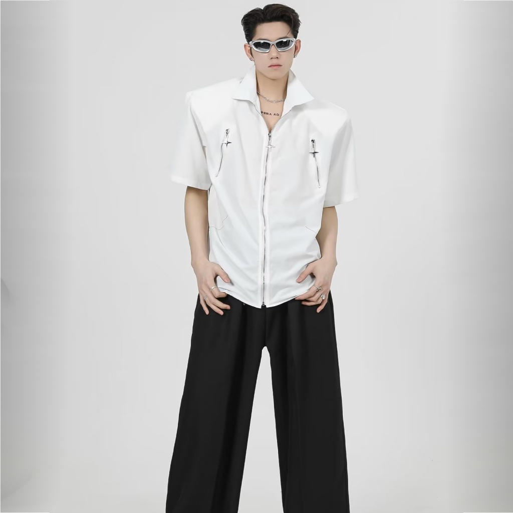 Áo Sơ Mi Tay Ngắn Dáng Rộng Phong Cách Hip Hop Cá Tính Cho Nam