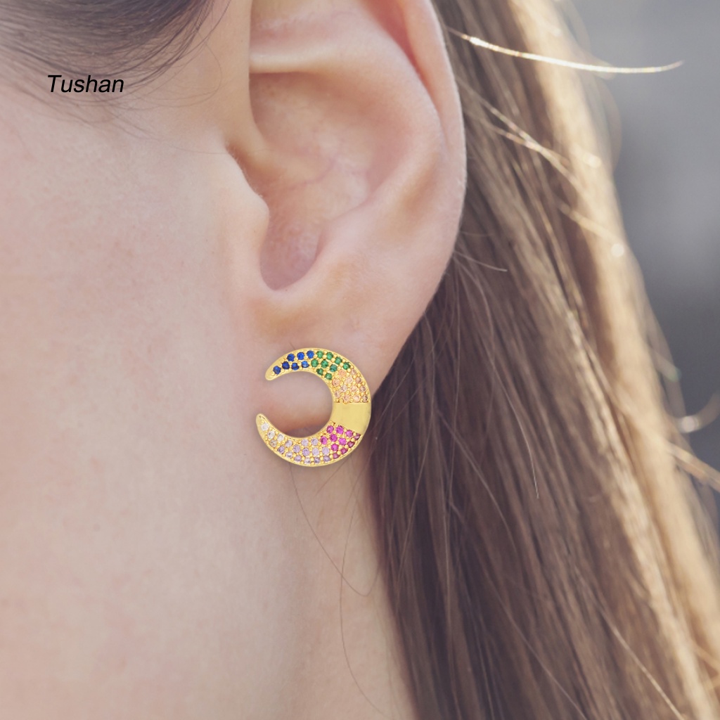 1 Đôi Bông Tai Hình Mặt Trăng Đính Đá Nhiều Màu Thời Trang