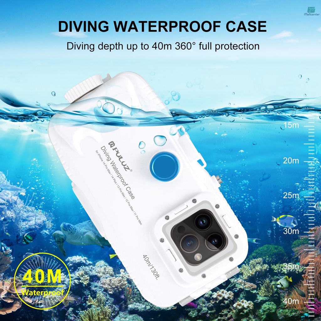 PULUZ 40M/131ft Waterproof Phone Case Diving Case Smartphone Underwater Housing Protective Case with Red Filter Neck Strap Cleaning Cloth Replacement for iPhone 14 Plus/iPhone 14 Pro Max/iPhone 13 Pro