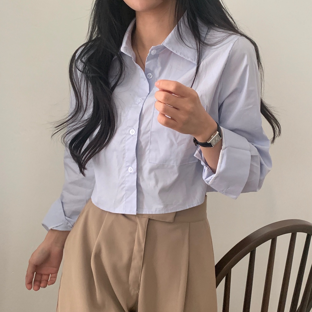 Suxi Áo Sơ Mi Tay Dài Chống Nắng Màu Trơn Cổ Gập Đơn Giản Thời Trang Phong Cách Hàn Quốc Cho Nữ