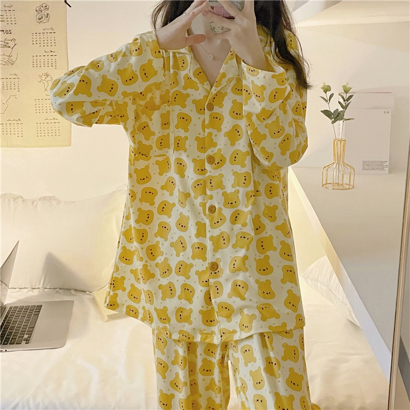 Bộ Đồ Ngủ Hai Mảnh In Họa Tiết Gấu Pooh Dễ Thương Phong Cách Hàn Quốc Thời Trang Mùa Thu Cho Nữ