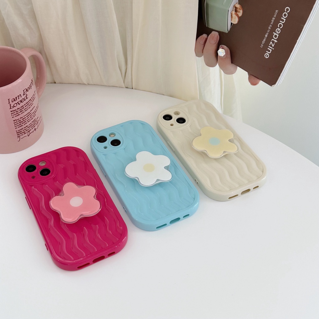 Ốp Điện Thoại TPU Silicon Mềm Chống Sốc Hình Hoa Màu Trơn Có Giá Đỡ Bảo Vệ Ống Kính Máy Ảnh Cho iPhone 13 12 11 Pro Max 14 Plus