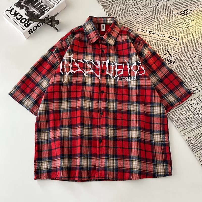 Áo Sơ Mi Ngắn Tay Họa Tiết Ca Rô Thêu Chữ Phong Cách Retro Dành Cho Nam