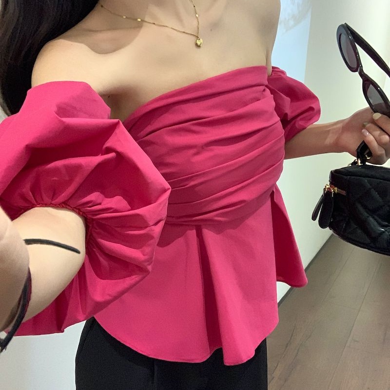 Cozok Áo Sơ Mi Tay Phồng Ngắn Xếp Ly Một Bên Vai Ôm Dáng Kiểu Vintage