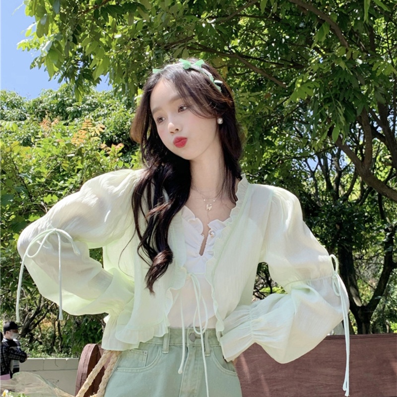 Áo Khoác Cardigan Chiffon Tay Dài Chống Nắng Phối Bèo Ngọt Ngào Phong Cách Hàn Quốc Cho Nữ