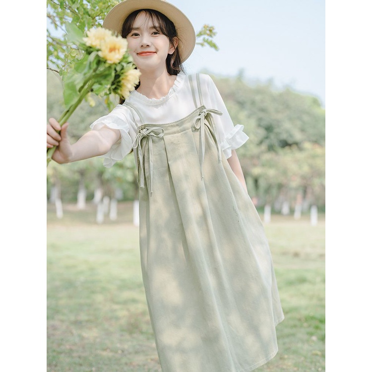 Bộ Đầm Hai Dây + Áo Sơ Mi Trơn Màu Xinh Xắn Theo Phong Cách Mùa Hè Hàn Quốc Mới