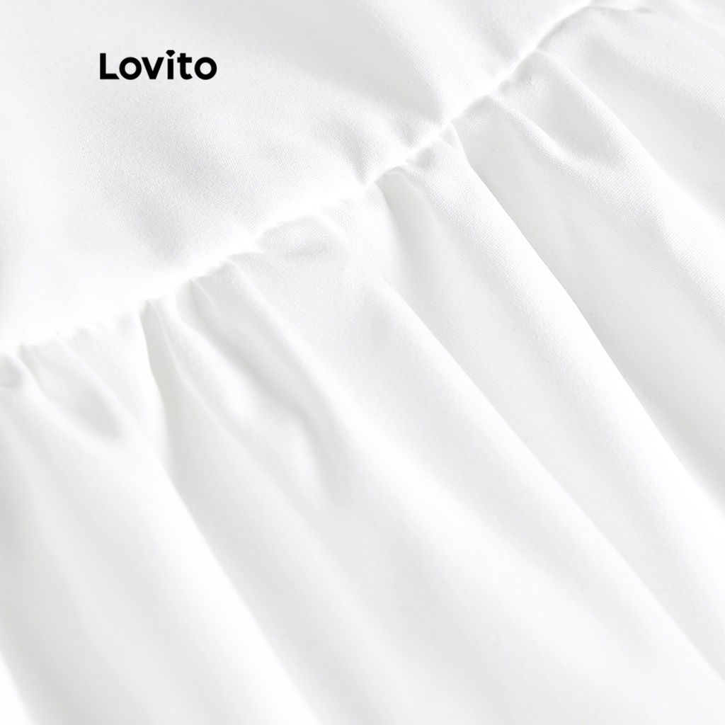 Đầm midi Lovito dáng chữ A tay ngắn thắt nơ sau lưng màu trơn phong cách boho cho nữ L49ED105 (màu trắng)