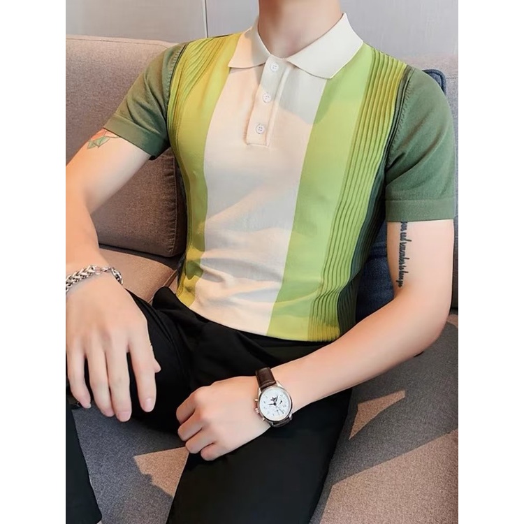 Áo Thun polo Ngắn Tay Vải Lụa Lạnh Mỏng Dáng Ôm Phối Màu Tương Phản Thời Trang Mùa Hè 2023 Cho Nam