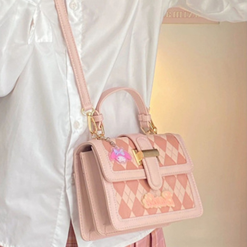Túi Đeo Chéo Vai Hình Vuông Nhỏ Thêu Họa Tiết Hình Thoi Màu Hồng Dành Cho Nữ