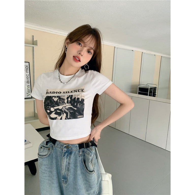 Áo baby tee Thun croptop nữ Tay Ngắn Dáng Ôm In Họa Tiết Hoạt Hình Graffiti Phong Cách Hàn Quốc Thời Trang Cho Nữ