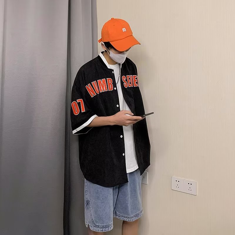 Áo Khoác Bóng Chày Ngắn Tay Dáng Rộng In Chữ Phong Cách Retro Hàn Quốc Giản Dị Dành Cho Nam