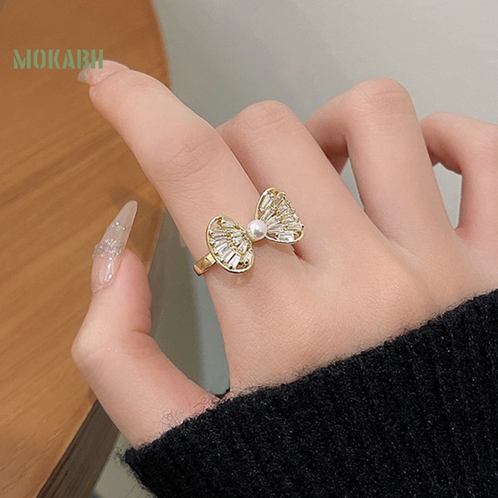 [Mới] Nhẫn Đeo Ngón Trỏ Hình Nơ Rỗng Đính Đá Zircon Trọng Lượng Nhẹ Có Thể Điều Chỉnh Trang Sức Cho Nữ