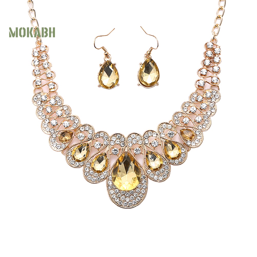 Set 2 Vòng cổ + Bông Tai Đính Đá Hình Giọt Nước