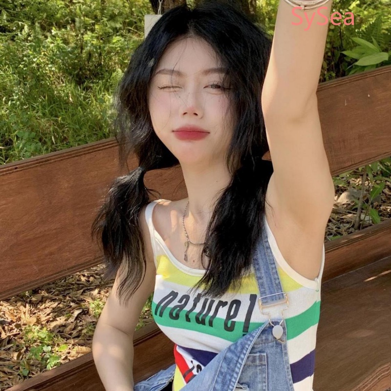 Áo Hai Dây Họa Tiết Kẻ Sọc In Chữ Phong Cách Retro Cho Nữ