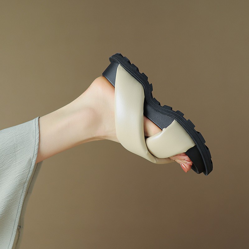 Duoya Tóc Thẳng ~ [Hàng Có Sẵn] Kem Phồng ~!Dép Bánh Mì Quai Chéo Bằng Da Mềm Dày Dặn Thời Trang Mùa Hè Cho Nữ