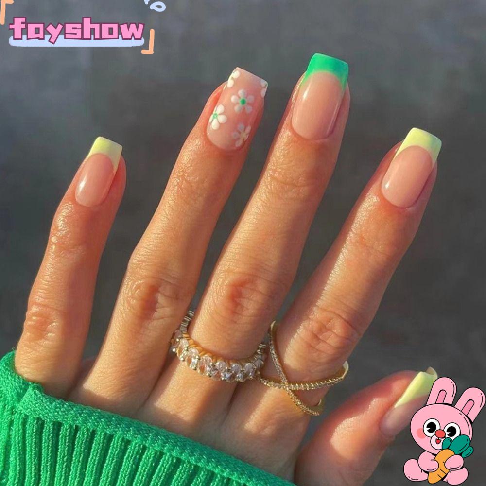 Set 24 Móng Tay Giả Hình Vuông Màu Xanh Lá / Đen Có Thể Tháo Rời