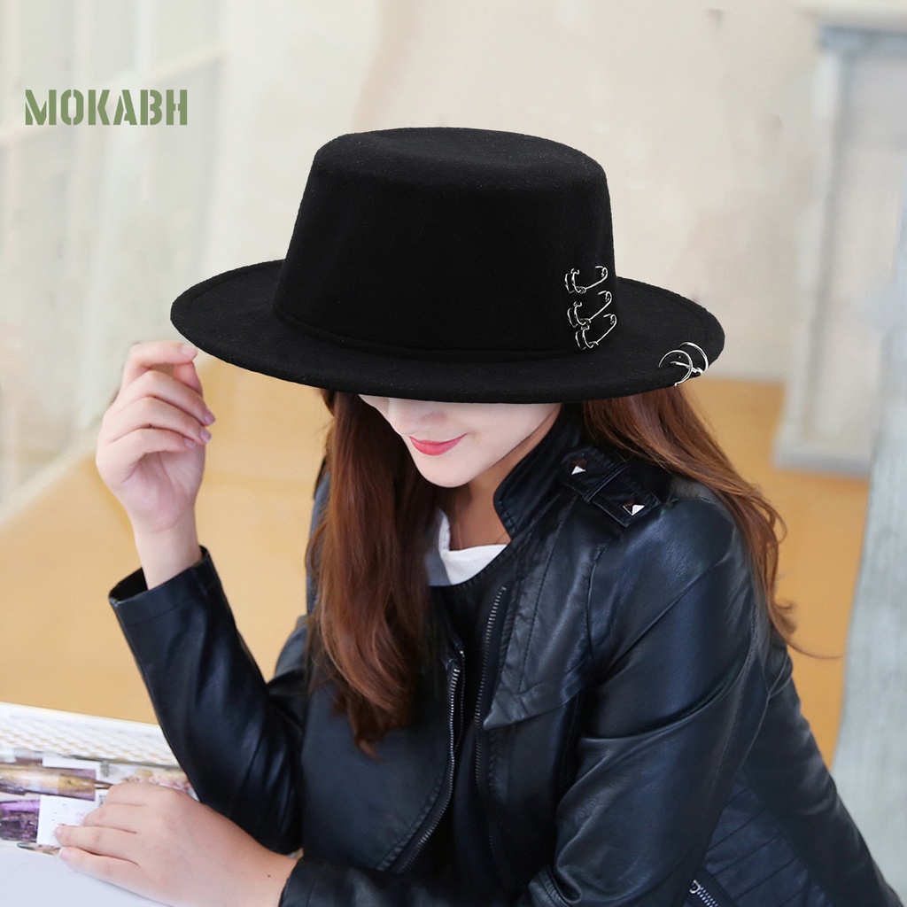 [Mok Abh] Mũ Fedora Len Chống Nắng Vành Phẳng Màu Trơn Cổ Điển Trang Trí Cho Nam Và Nữ