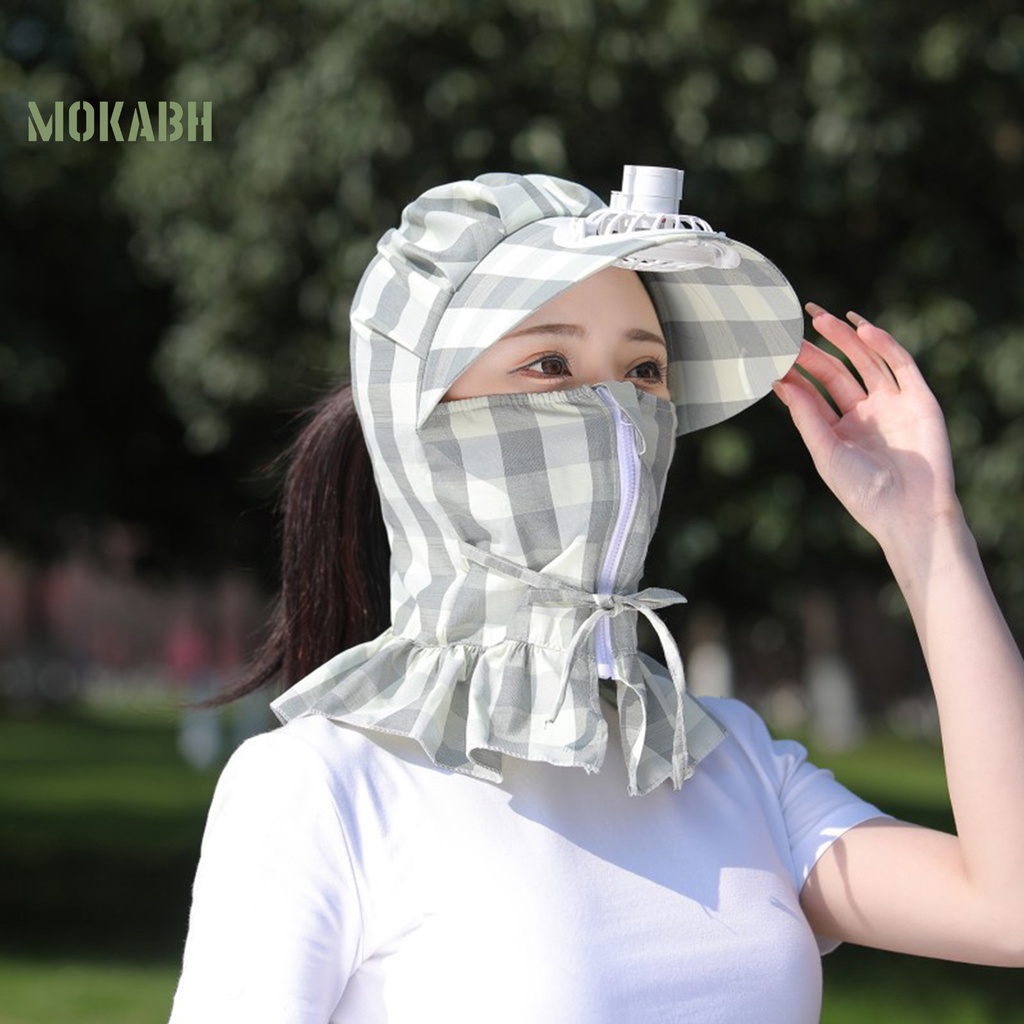 [Mok Abh] Mũ Quạt Làm Mát Vành Rộng Chống Tia UV Có Khóa Kéo In Họa Tiết Hình Học Dành Cho Nữ