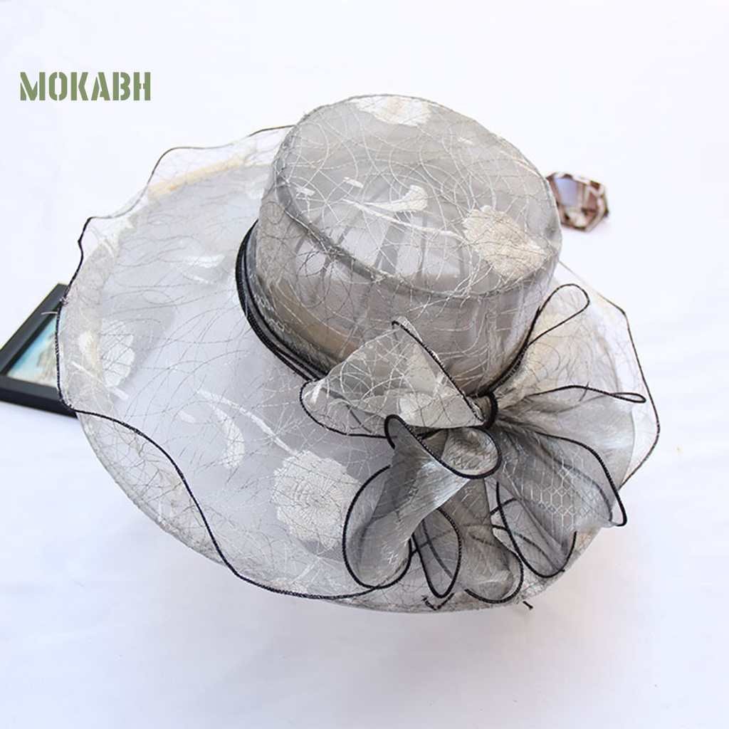 [Mok Abh] Mũ Rộng Vành Vải Hoa Nhìn Xuyên Thấu Viền Gợn Sóng Sang Trọng Thắt Nơ Sang Trọng Cho Nữ Đi Biển