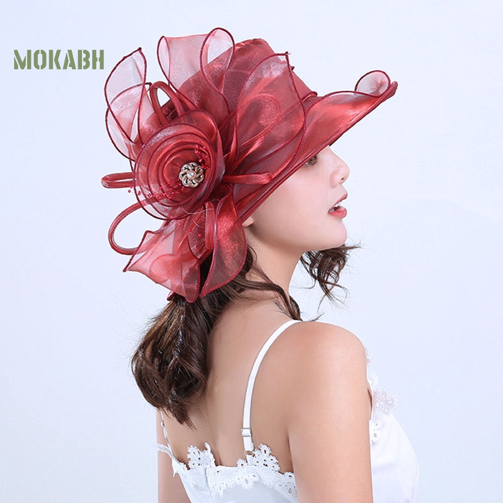 [Mok Abh] Mũ Rộng Vành Phối Lưới Họa Tiết Hoa Thời Trung Cổ Dùng Đi Biển Cho Nữ