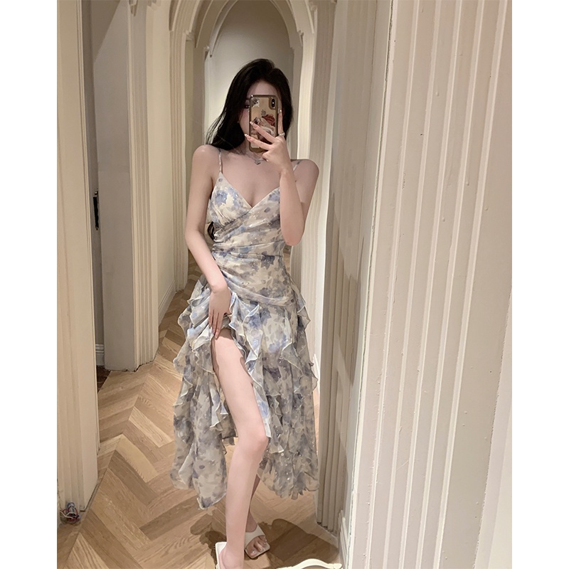 Đầm Voan Hoa Hai Dây Cổ Chữ V Thời Trang Mùa Hè Dành Cho Nữ