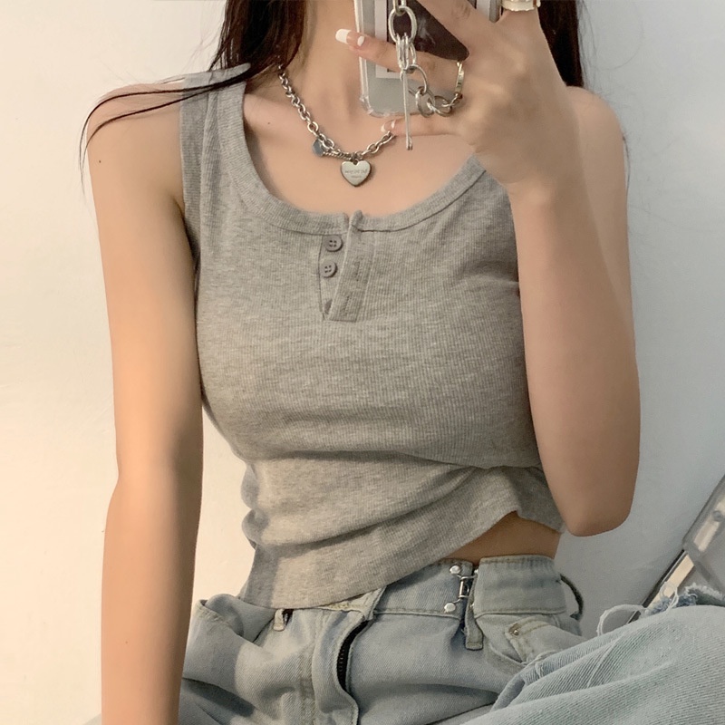 Áo Croptop Dệt Kim Không Tay Màu Trơn Phong Cách Hàn Quốc Gợi Cảm Cho Nữ