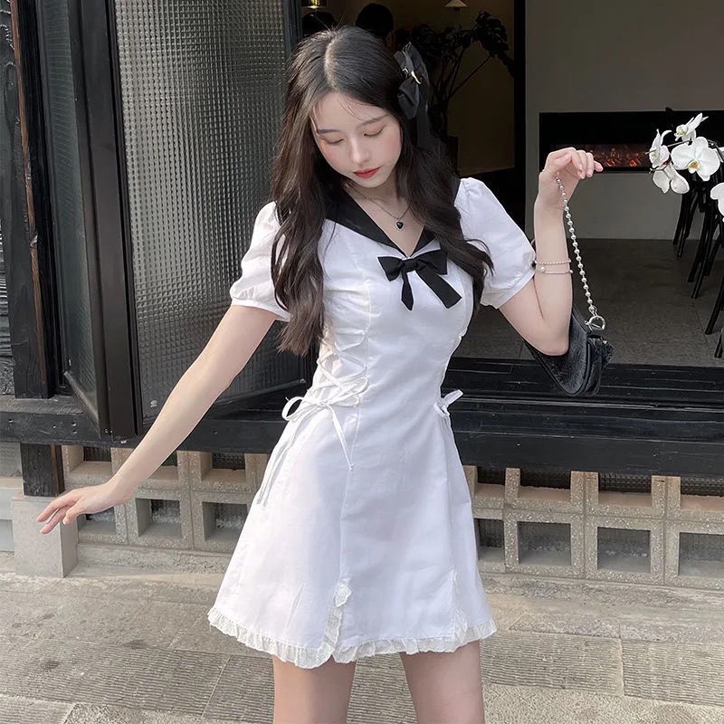 Đầm Tay Phồng Thắt Nơ Nhấn Eo Thời Trang Hè Phong Cách Nhật Bản Xinh Xắn Cho Nữ