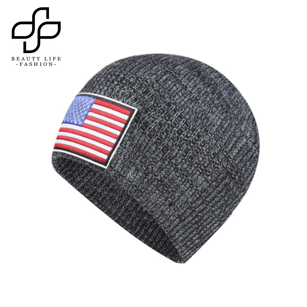 Mũ Beanie Dệt Kim Co Giãn In Họa Tiết Cờ Mỹ Cho Nam Và Nữ