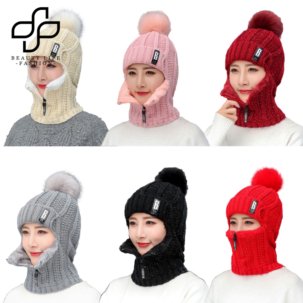 Mũ Beanie Trùm Đầu Giữ Ấm Mùa Đông Có Khóa Kéo Phủ Lông Cừu