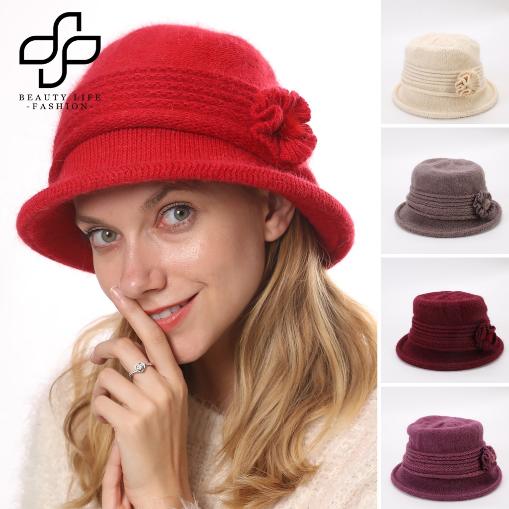 Nón Bucket Dệt Kim Màu Trơn Vành Tròn Thời Trang Mùa Đông Cho Nữ