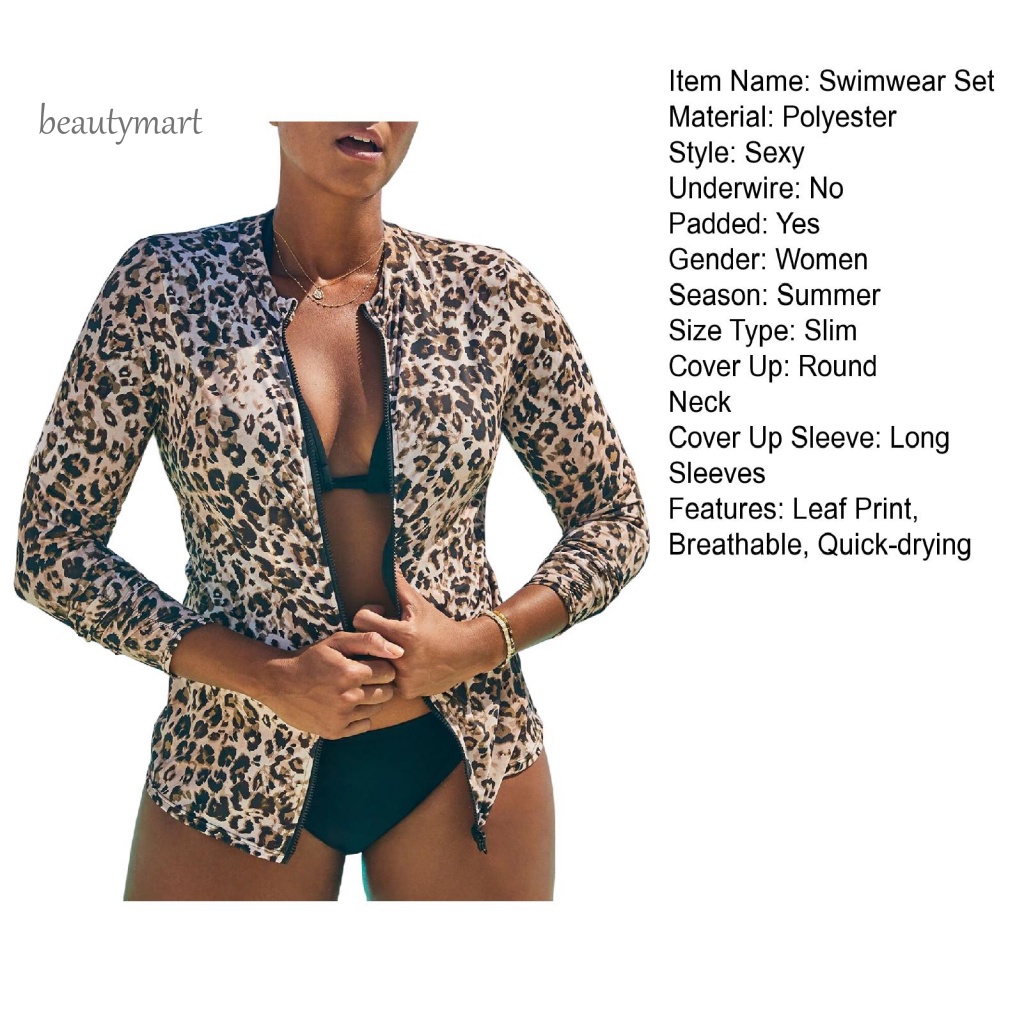 Bộ Đồ Bơi 3 Món Áo Tay Dài Có Đệm Ngực In Họa Tiết Da Báo Dành Cho Nữ
