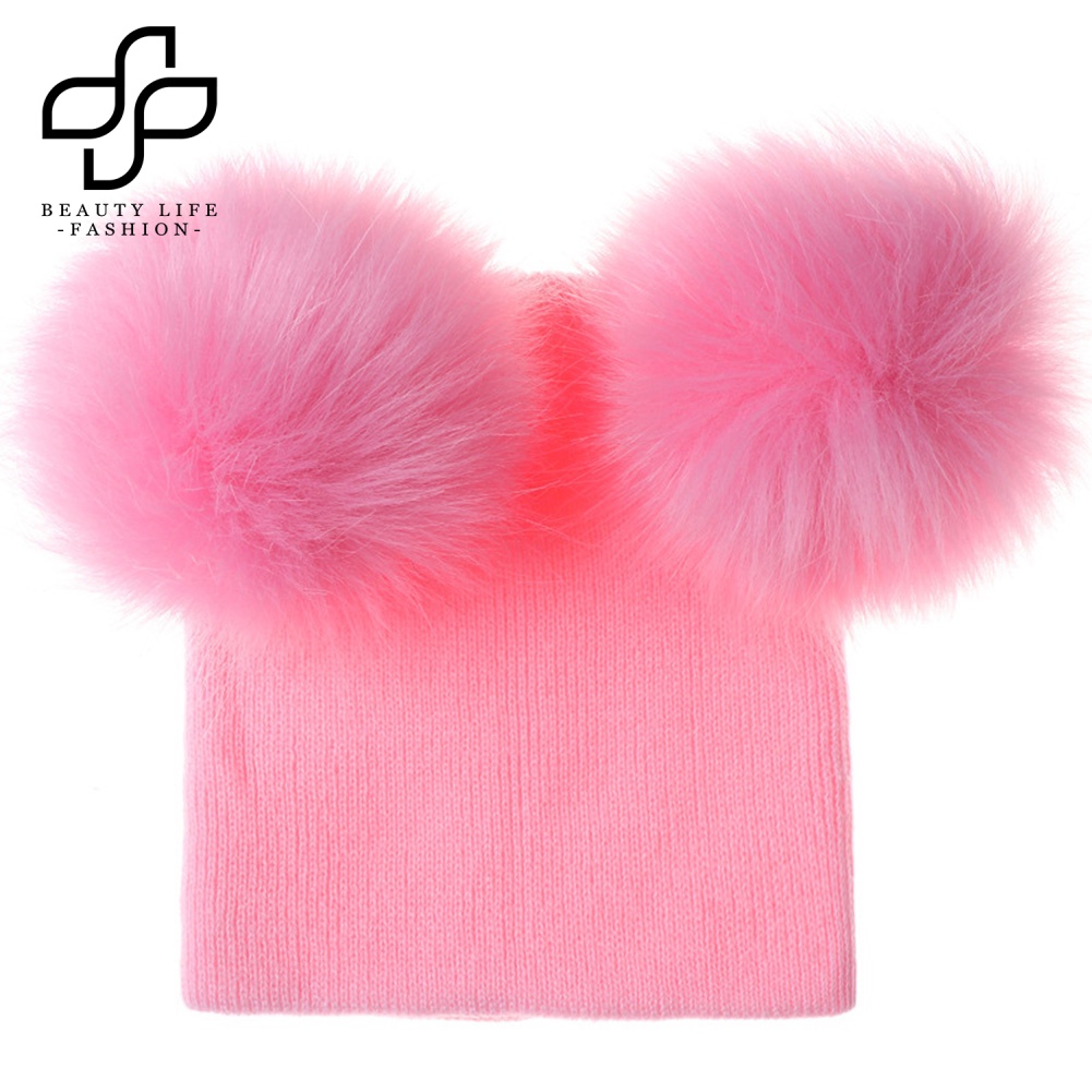 Nón Len Ấm Áp Màu Trơn Đính Hai Quả Bông Thời Trang Thu Đông Cho Bé