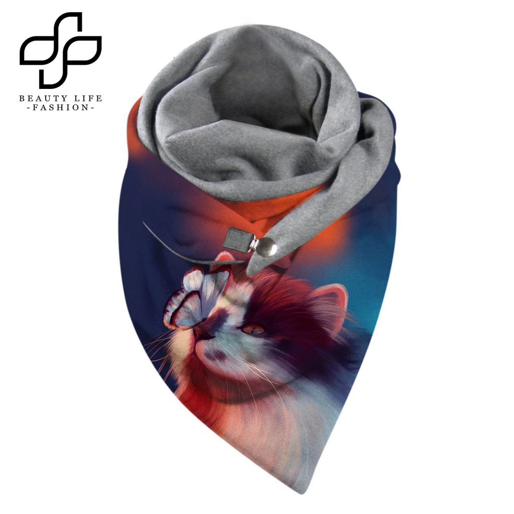 Khăn Choàng Cổ Hai Lớp Chống Lạnh In Họa Tiết Mèo Cho Nữ