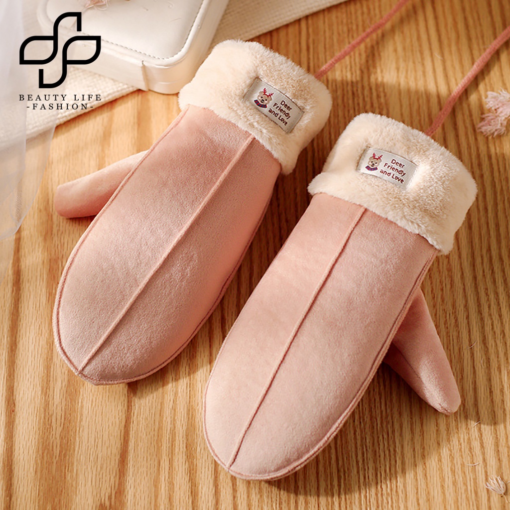 1 Cặp Găng Tay Nhung Dày Dặn Siêu Mềm Chống Lạnh Thêu Hình Động Vật Dễ Thương Cho Nữ
