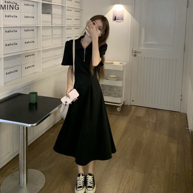 Đầm Midi Cổ Bẻ Màu Trơn Có Khóa Kéo Thời Trang Đường Phố Mùa Hè Cho Nữ