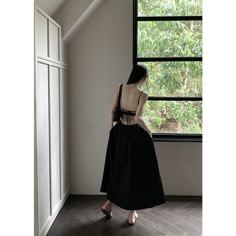 「Nonfatgirl」Đầm Hai Dây Dáng Dài Ôm Eo Hở Lưng Cột Dây Phong Cách Mỹ Quyến Rũ Dành Cho Nữ