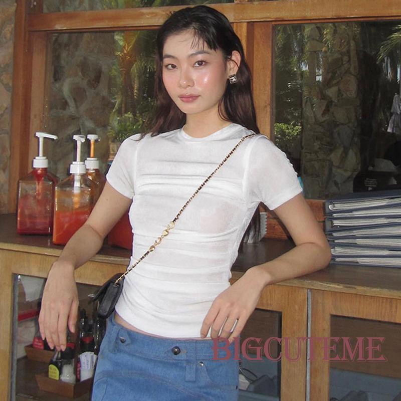 Áo Thun Ngắn Tay Cổ Tròn Xếp Ly Màu Sắc Đơn Giản Thời Trang Mùa Hè Cho Nữ