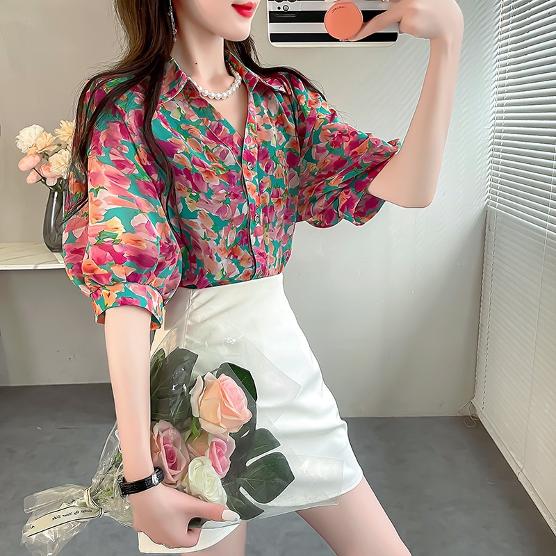 Áo Sơ Mi Chiffon Tay Ngắn Dáng Rộng In Họa Tiết Hoa Thời Trang Mùa Hè Xinh Xắn Cho Nữ