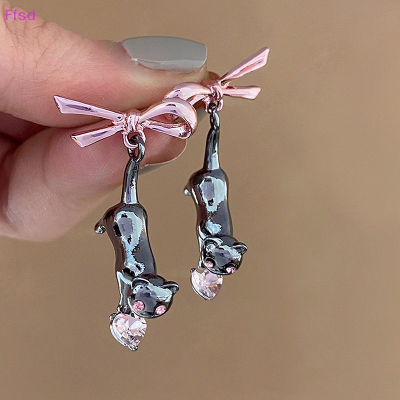 {Ffsd} Khuyên Tai Thả Hình Nơ / Trái Tim / Mèo Đen Đính Đá Ngọt Ngào Cho Nữ