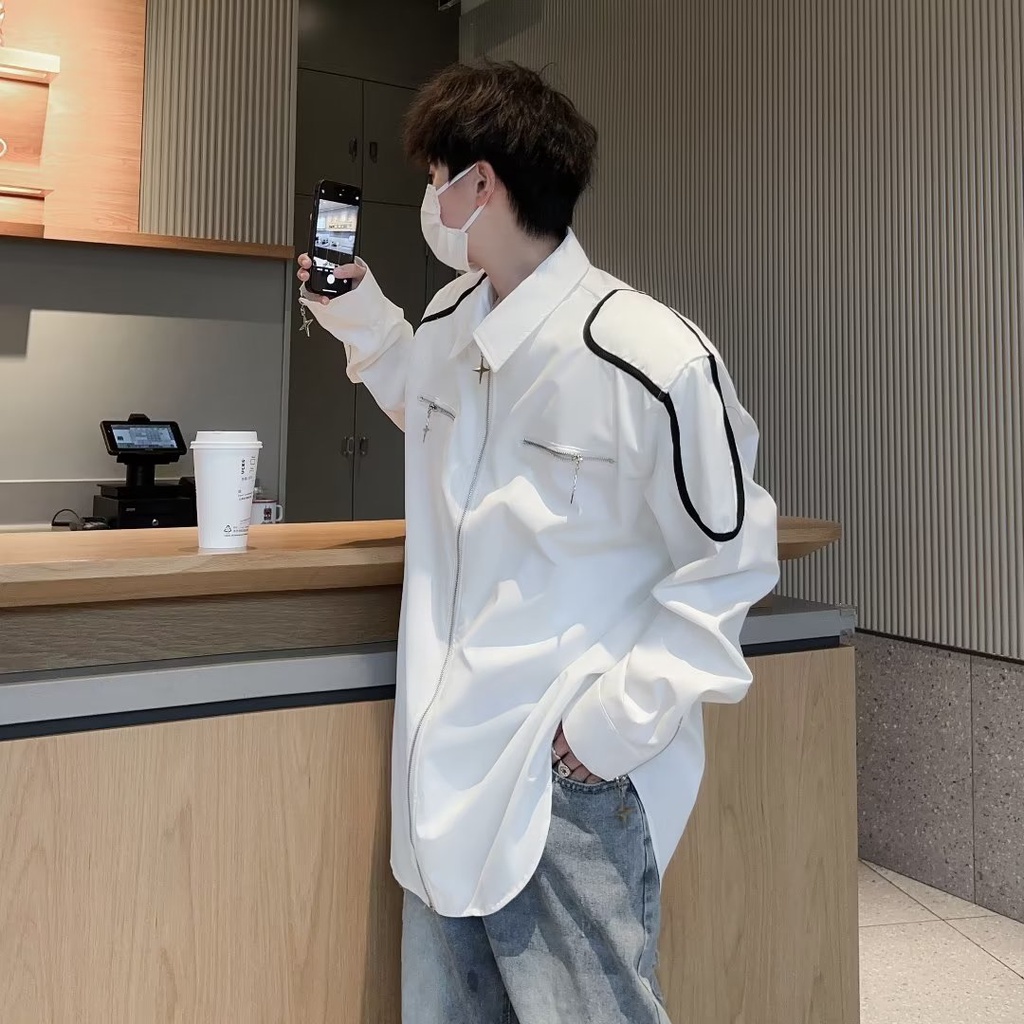 Áo Sơ Mi Trắng Tay Dài Dáng Rộng Có Khóa Kéo Phong Cách Hàn Quốc Thời Trang Xuân Hè Cho Nam