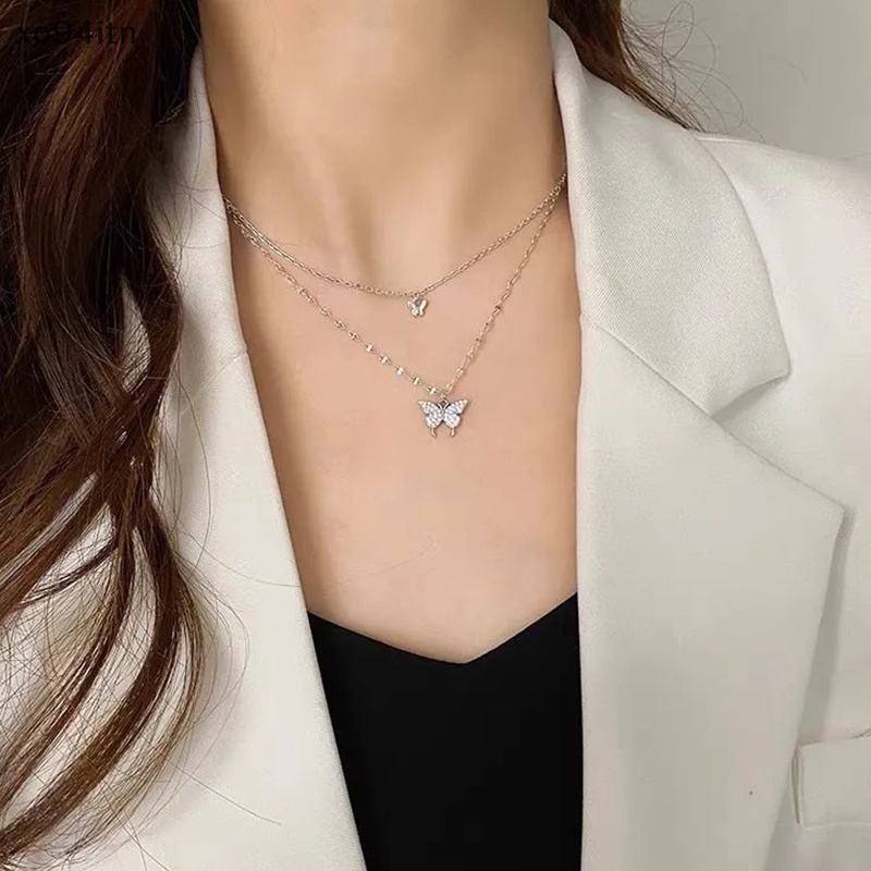 Vòng cổ Hai Lớp Mặt Hình Bướm Đính Đá Zircon Thời Trang Cho Nữ