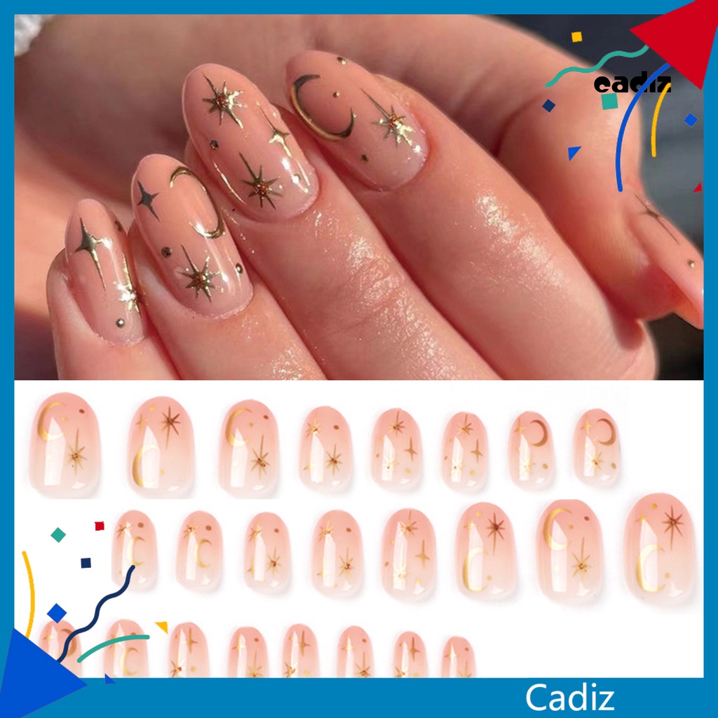 Bộ 24 Móng Tay Giả Hình Vuông Ngắn Đính Ngôi Sao / Mặt Trăng Màu Vàng Bóng Có Keo Dán Trang Trí Toàn Diện DIY